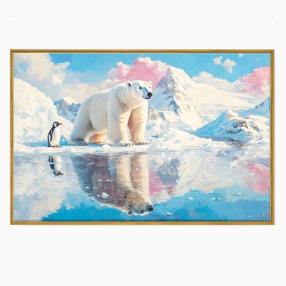 Tablou canvas cu tablou cu urs polar si pinguin pe ghetar, in rama de aluminiu auriu